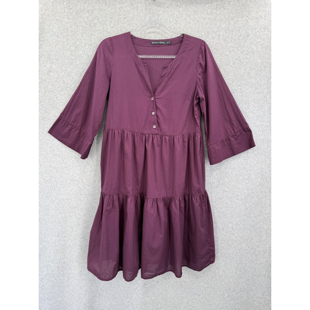 Gudrun Sjoden Tiered Babydoll Dress Women XS Plum Organic Cotton 3/4 Sleeve Boho